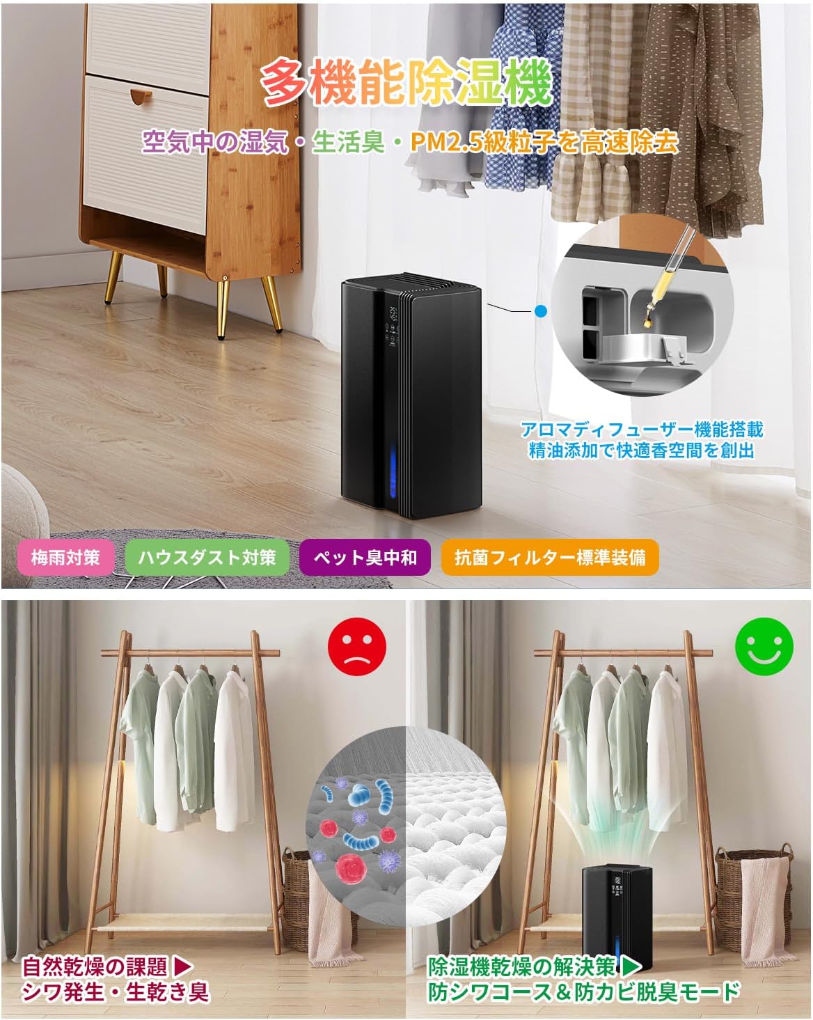 除湿機 衣類乾燥 20畳対応 静音 小型 除湿器 最大除湿量1L/日 タイマー設定＆湿度オートオフ 水満自動停止機能搭載 2.5L 大容量 省エネ 部屋干し 消臭 梅雨/結露対策 PSE認証済