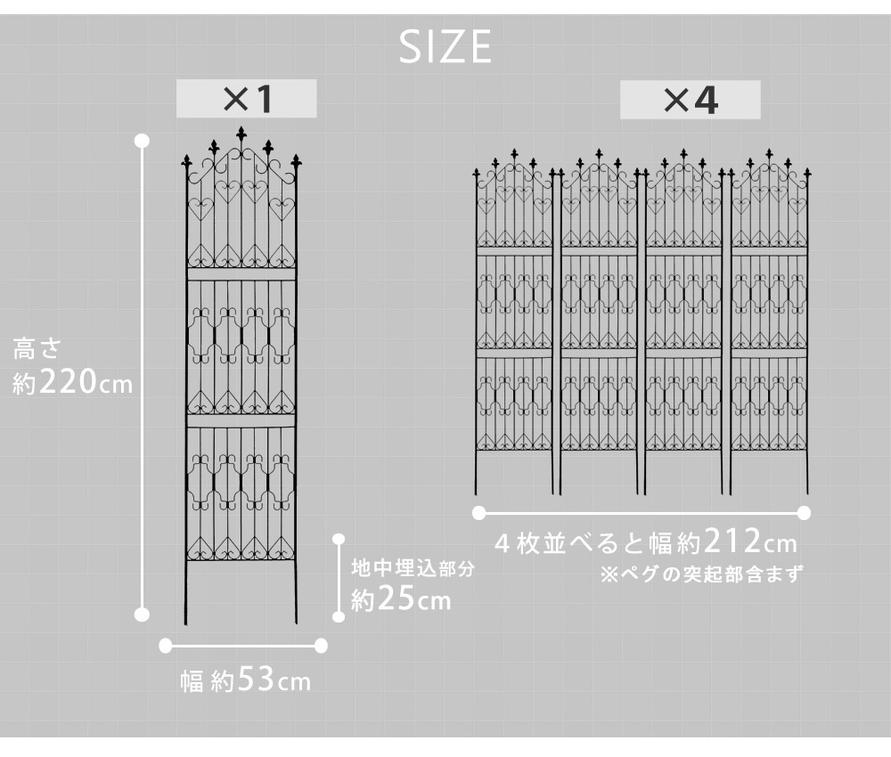 アイアンフェンス220 ハイタイプ 4枚組フェンス アイアン ガーデンフェンス ガーデニング 枠 柵 仕切り 目隠し 境目 トレリス つる 薔薇 朝顔 園芸 ラティス