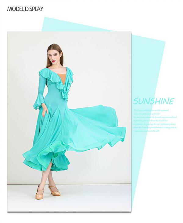 【新品追加】社交ダンスドレス モダンドレス 緑 社交ダンス衣装 社交ダンス ドレス 衣装 長袖 大きい裾 スタンダードドレス ワルツダンス ワンピースドレス ステージ衣装 ダンス衣装 ダンスウェア 競