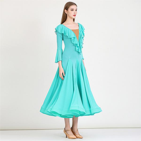 【新品追加】社交ダンスドレス モダンドレス 緑 社交ダンス衣装 社交ダンス ドレス 衣装 長袖 大きい裾 スタンダードドレス ワルツダンス ワンピースドレス ステージ衣装 ダンス衣装 ダンスウェア 競