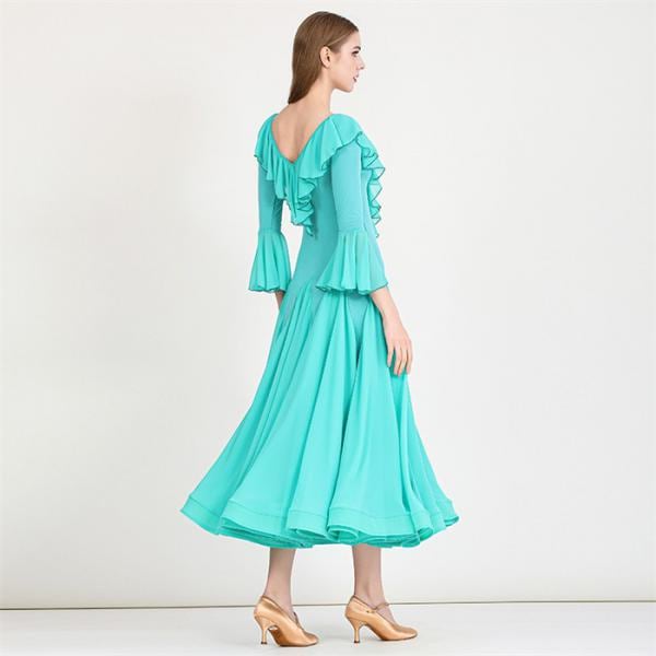 【新品追加】社交ダンスドレス モダンドレス 緑 社交ダンス衣装 社交ダンス ドレス 衣装 長袖 大きい裾 スタンダードドレス ワルツダンス ワンピースドレス ステージ衣装 ダンス衣装 ダンスウェア 競