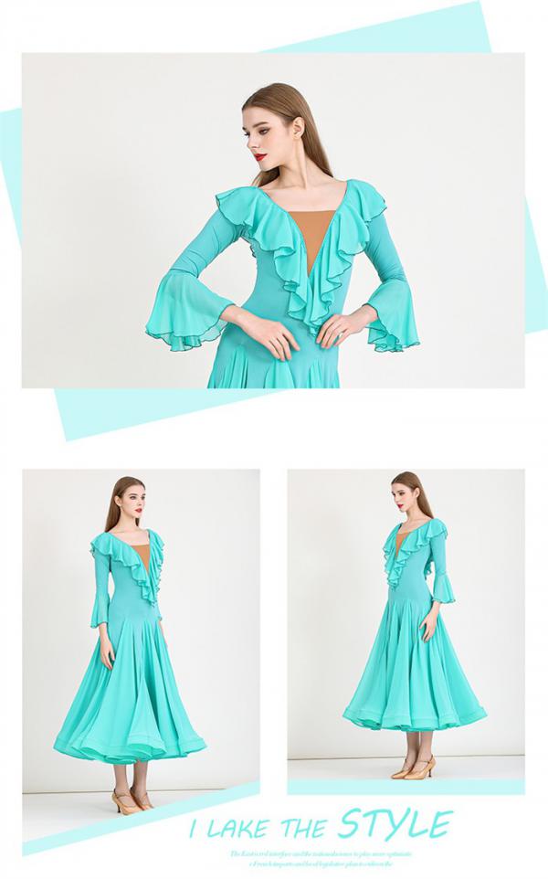 【新品追加】社交ダンスドレス モダンドレス 緑 社交ダンス衣装 社交ダンス ドレス 衣装 長袖 大きい裾 スタンダードドレス ワルツダンス ワンピースドレス ステージ衣装 ダンス衣装 ダンスウェア 競