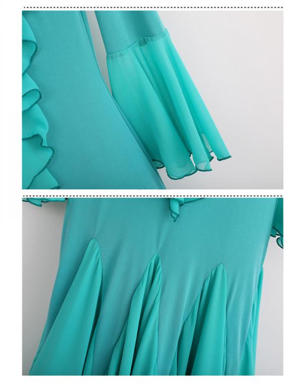 【新品追加】社交ダンスドレス モダンドレス 緑 社交ダンス衣装 社交ダンス ドレス 衣装 長袖 大きい裾 スタンダードドレス ワルツダンス ワンピースドレス ステージ衣装 ダンス衣装 ダンスウェア 競