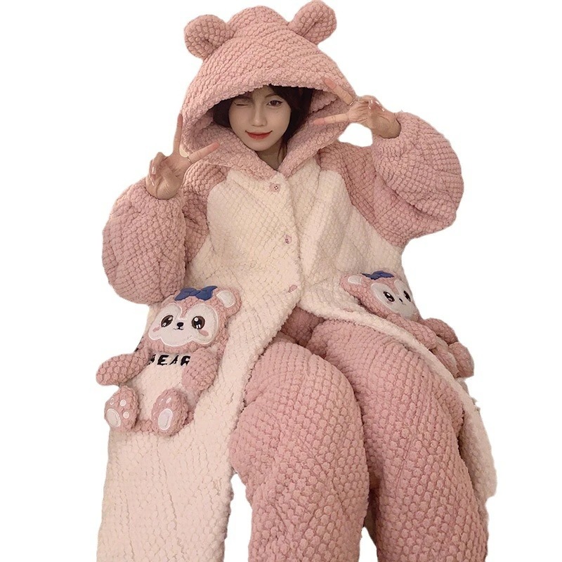 サンゴのベルベットの寝衣女性冬の新しい三層綿のパジャマフランネルのかわいい大きなサイズの保温家庭服 サンゴのベルベットの寝衣女性冬の新しい三層綿のパジャマフランネルのかわいい大きなサイズの保温家庭服