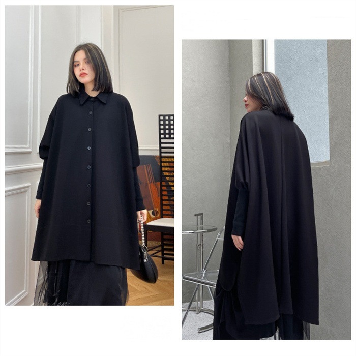 レディース変形ドルマンシャツ 春秋用 長袖 異素材切替 襟付き ロング丈 無地 個性的 ユニセックス風 オフィス向け シャツワン風