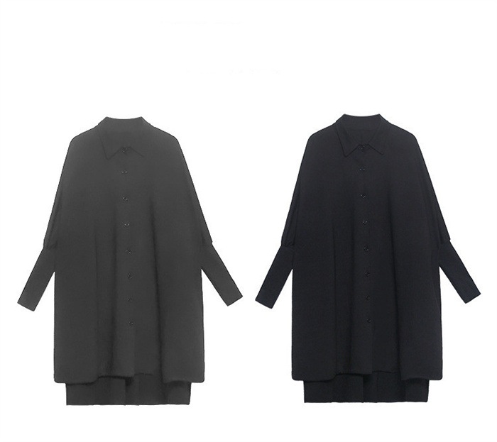 レディース変形ドルマンシャツ 春秋用 長袖 異素材切替 襟付き ロング丈 無地 個性的 ユニセックス風 オフィス向け シャツワン風