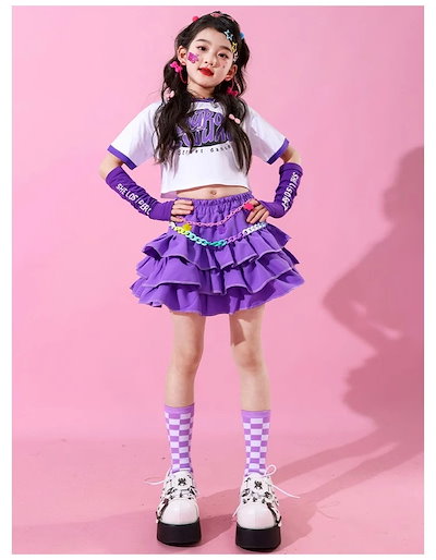【急速出荷】韓国ファッション ダンス衣装 女の子 チアガール チア パープル セットアップ キッズ 運動会応援団クラス活動 ガールズ ストリートダンス ジャズダンス Tシャツ カフス ティアードスカー