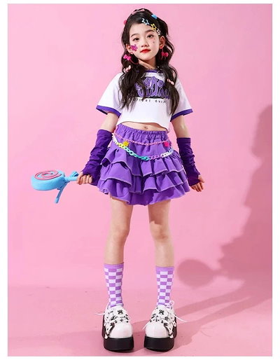 【急速出荷】韓国ファッション ダンス衣装 女の子 チアガール チア パープル セットアップ キッズ 運動会応援団クラス活動 ガールズ ストリートダンス ジャズダンス Tシャツ カフス ティアードスカー