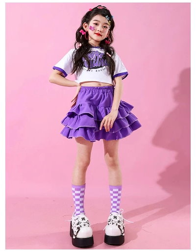 【急速出荷】韓国ファッション ダンス衣装 女の子 チアガール チア パープル セットアップ キッズ 運動会応援団クラス活動 ガールズ ストリートダンス ジャズダンス Tシャツ カフス ティアードスカー