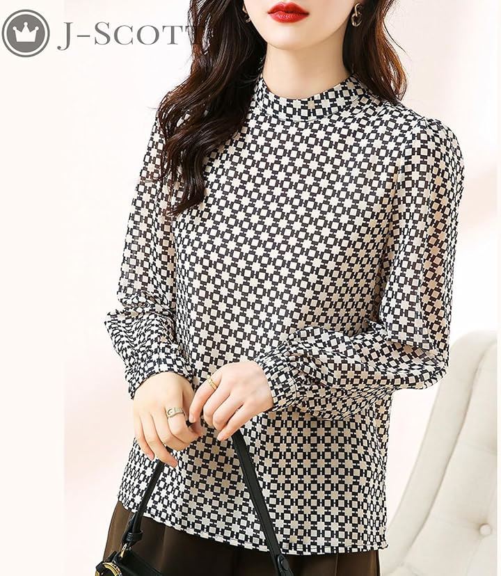 プリントブラウス レディース プルオーバー 長袖 パフスリーブ 幾何学柄 シアーシフォン スタンドカラー モノトーン 立襟 大人かわいい 韓国風 辛口 華やか 高身長(ホワイト, S) プリントブラウス レディース プルオーバー 長袖 パフスリーブ 幾何学柄 シアーシフォン スタンドカラー モノトーン 立襟 大人かわいい 韓国風 辛口 華やか 高身長(ホワイト, S)