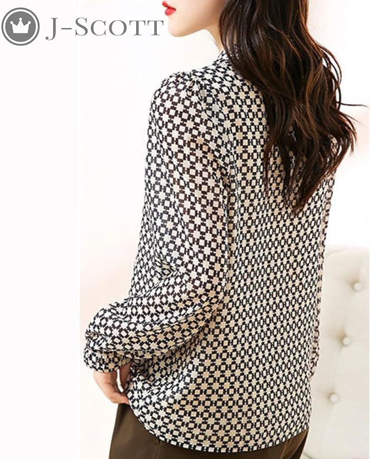 プリントブラウス レディース プルオーバー 長袖 パフスリーブ 幾何学柄 シアーシフォン スタンドカラー モノトーン 立襟 大人かわいい 韓国風 辛口 華やか 高身長(ホワイト, S) プリントブラウス レディース プルオーバー 長袖 パフスリーブ 幾何学柄 シアーシフォン スタンドカラー モノトーン 立襟 大人かわいい 韓国風 辛口 華やか 高身長(ホワイト, S)