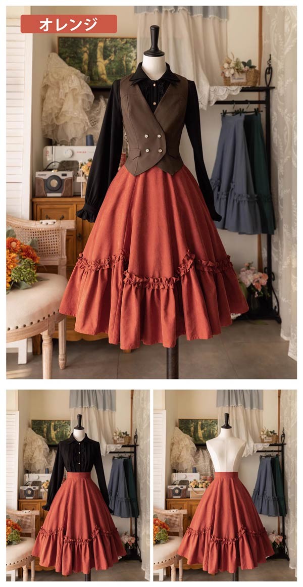 ロリータ スカート ミモレ丈 フリル 春服 レディース フレアスカート ゴムウエスト レトロ風 エレガント ハイウエスト Aライン リボン カチューシャ 森ガール コスチューム 日常着 お出かけ