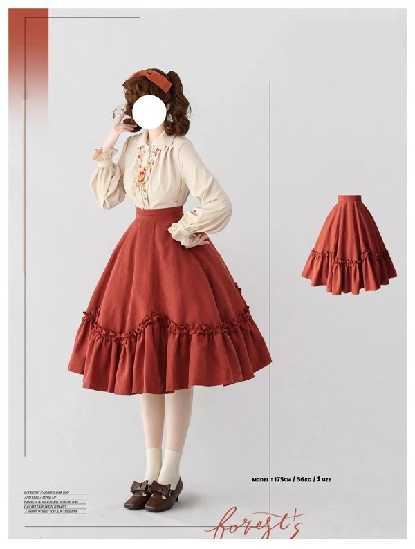 ロリータ スカート ミモレ丈 フリル 春服 レディース フレアスカート ゴムウエスト レトロ風 エレガント ハイウエスト Aライン リボン カチューシャ 森ガール コスチューム 日常着 お出かけ