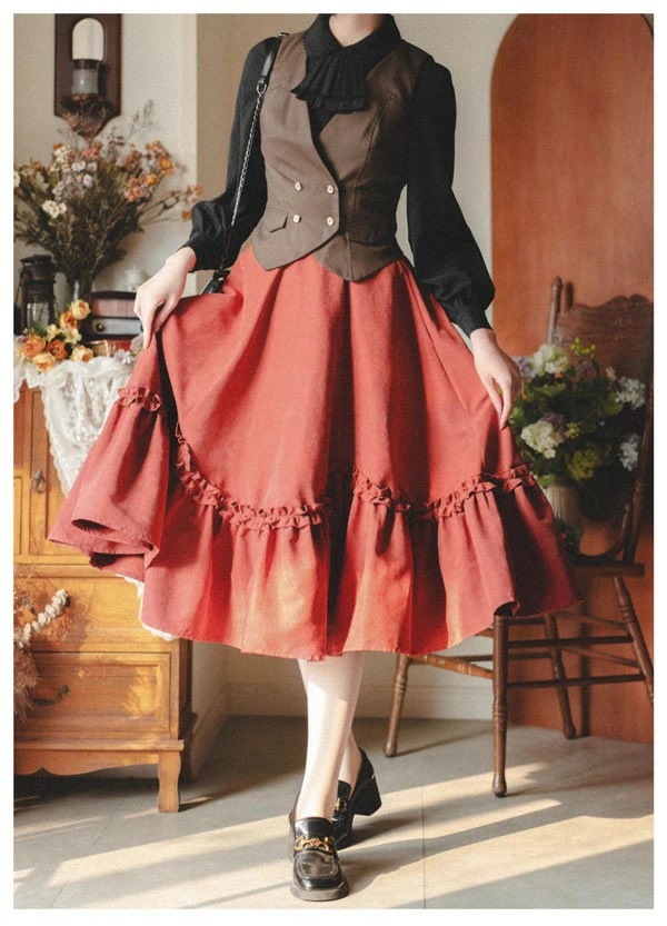 ロリータ スカート ミモレ丈 フリル 春服 レディース フレアスカート ゴムウエスト レトロ風 エレガント ハイウエスト Aライン リボン カチューシャ 森ガール コスチューム 日常着 お出かけ