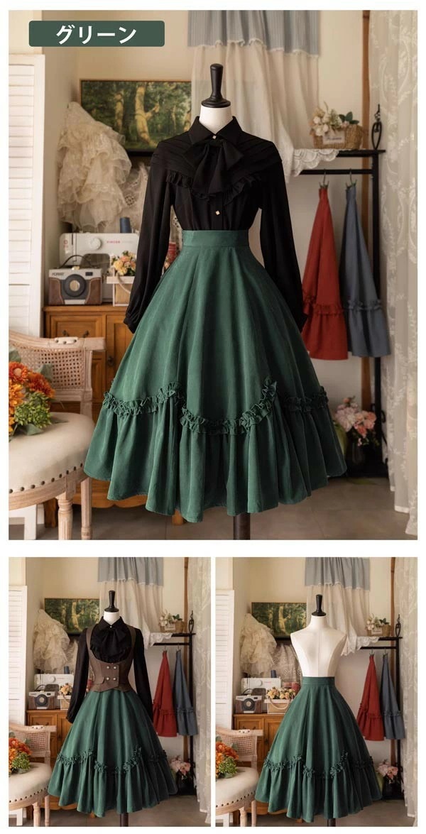 ロリータ スカート ミモレ丈 フリル 春服 レディース フレアスカート ゴムウエスト レトロ風 エレガント ハイウエスト Aライン リボン カチューシャ 森ガール コスチューム 日常着 お出かけ