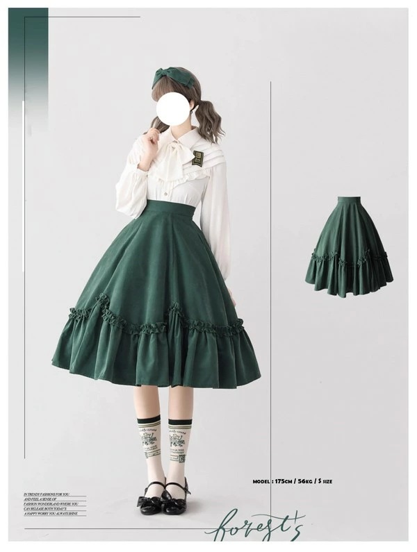 ロリータ スカート ミモレ丈 フリル 春服 レディース フレアスカート ゴムウエスト レトロ風 エレガント ハイウエスト Aライン リボン カチューシャ 森ガール コスチューム 日常着 お出かけ