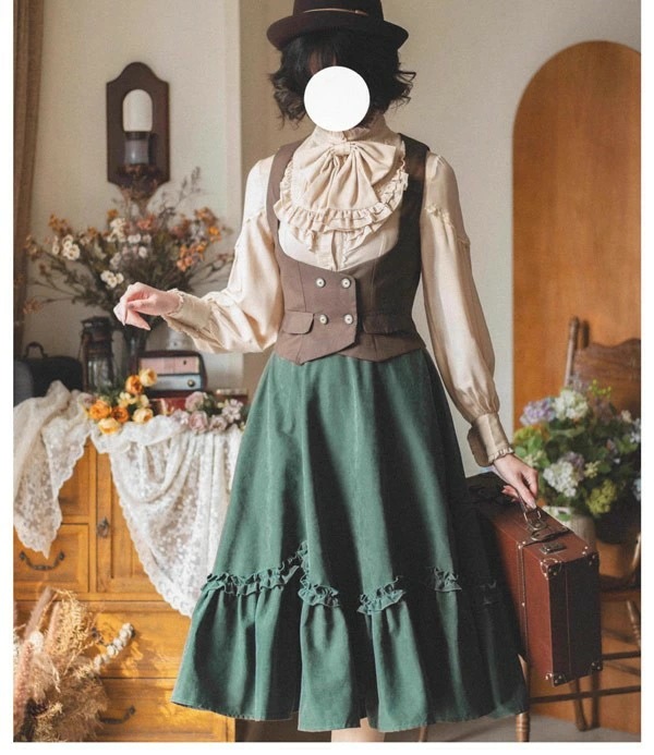 ロリータ スカート ミモレ丈 フリル 春服 レディース フレアスカート ゴムウエスト レトロ風 エレガント ハイウエスト Aライン リボン カチューシャ 森ガール コスチューム 日常着 お出かけ