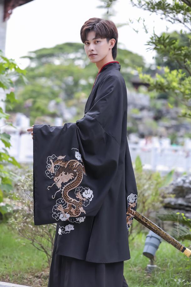中華コスプレ衣装 メンズチ ャイナ服 漢服 中華服上下セットアップ 男性 大人 チャイナドレス 中華衣装 長袖 袴風スカート 華流コスチューム 舞台 ステージ衣装 エスニックな刺しゅう龍 中国古代時代