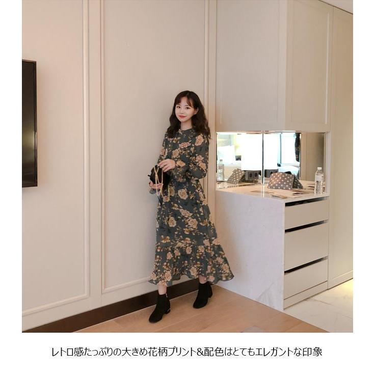 春 夏 花柄ワンピース ロング ワンピース 秋 レディース シフォンワンピース 長袖 マキシワンピース 花柄 長袖ワンピース 春 レトロ ミモレワンピース