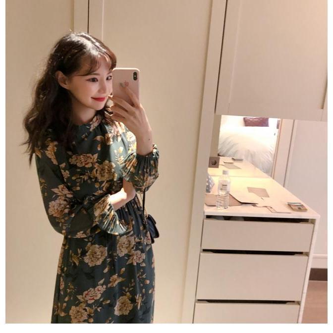 春 夏 花柄ワンピース ロング ワンピース 秋 レディース シフォンワンピース 長袖 マキシワンピース 花柄 長袖ワンピース 春 レトロ ミモレワンピース