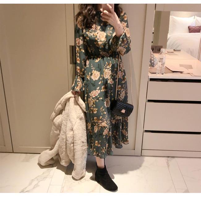 春 夏 花柄ワンピース ロング ワンピース 秋 レディース シフォンワンピース 長袖 マキシワンピース 花柄 長袖ワンピース 春 レトロ ミモレワンピース