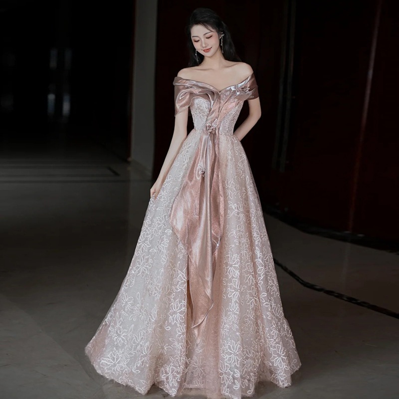 通気性 ミディアムドレス パーティードレス 卒業式ドレス 入学式 結婚式ドレス ワンショルダードレス女性用高級感のあるワンピースニッチなデザイン花嫁の乾杯式婚約誕生日司会者向け_2