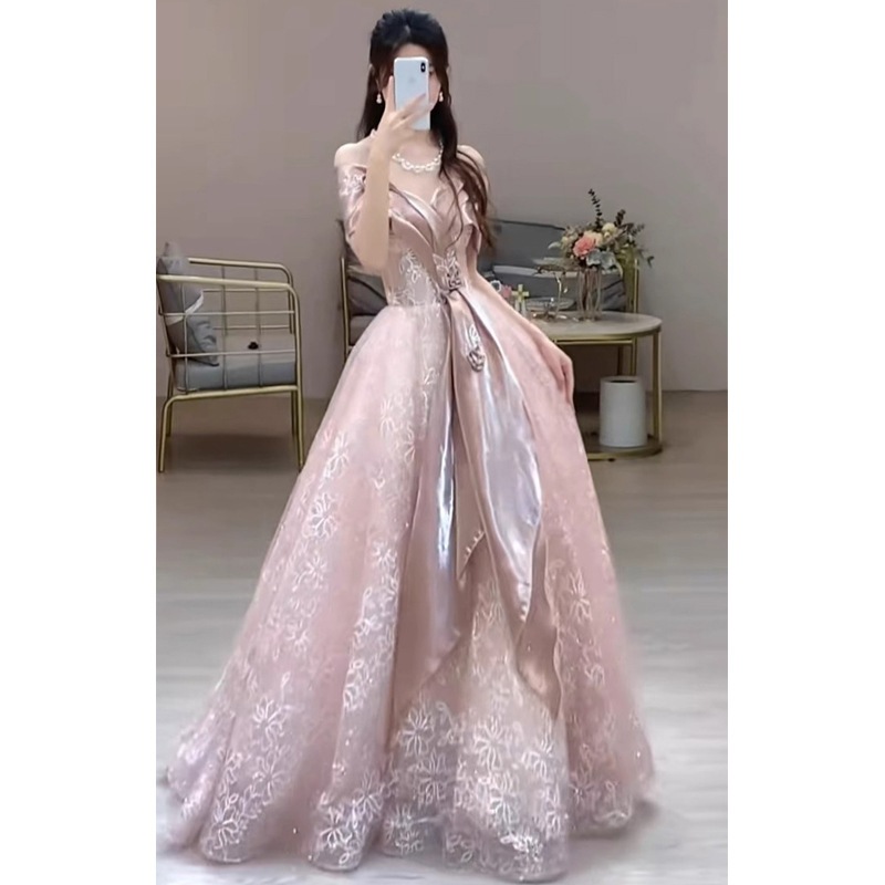 通気性 ミディアムドレス パーティードレス 卒業式ドレス 入学式 結婚式ドレス ワンショルダードレス女性用高級感のあるワンピースニッチなデザイン花嫁の乾杯式婚約誕生日司会者向け_3
