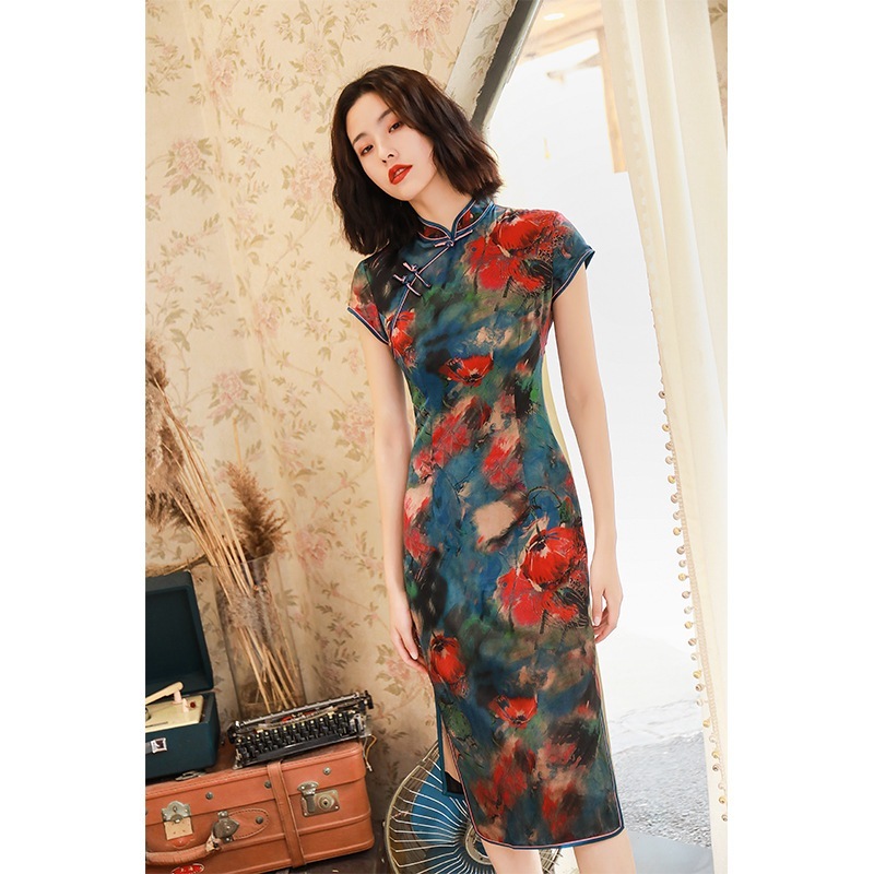 2025 糸ミッドレングス レトロ チャイナ ドレス夏品質本物の花チャイナ ドレス 母の日 母の日-0006893
