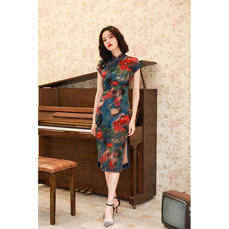 2025 糸ミッドレングス レトロ チャイナ ドレス夏品質本物の花チャイナ ドレス 母の日 母の日-0006893