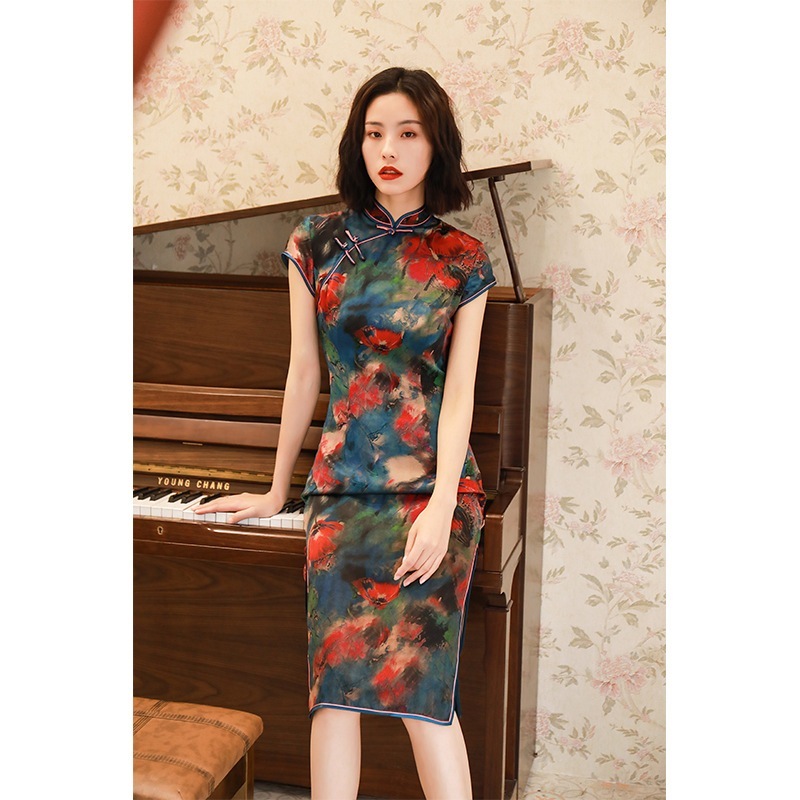 2025 糸ミッドレングス レトロ チャイナ ドレス夏品質本物の花チャイナ ドレス 母の日 母の日-0006893