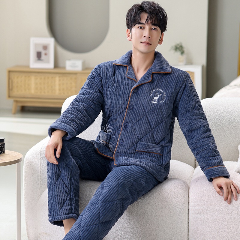 冬の男性パジャマ牛乳パイル三層綿ベルベット厚手フランネル保温綿入れの家庭服二点セット 冬の男性パジャマ牛乳パイル三層綿ベルベット厚手フランネル保温綿入れの家庭服二点セット