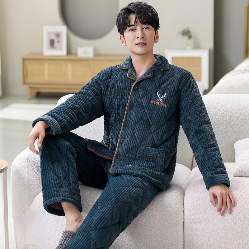 冬の男性パジャマ牛乳パイル三層綿ベルベット厚手フランネル保温綿入れの家庭服二点セット 冬の男性パジャマ牛乳パイル三層綿ベルベット厚手フランネル保温綿入れの家庭服二点セット