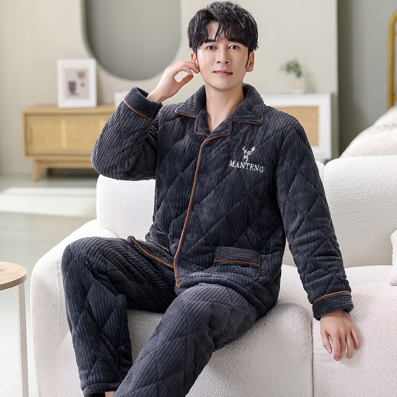 冬の男性パジャマ牛乳パイル三層綿ベルベット厚手フランネル保温綿入れの家庭服二点セット 冬の男性パジャマ牛乳パイル三層綿ベルベット厚手フランネル保温綿入れの家庭服二点セット
