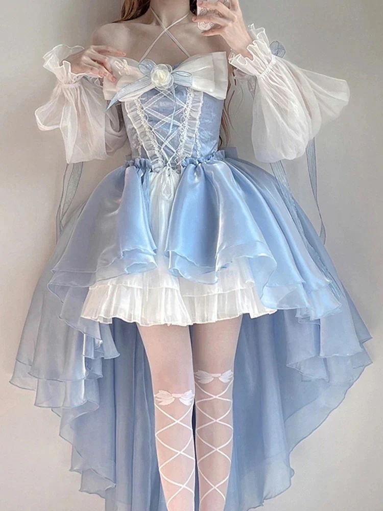 大好评 ワンピースエレガントなレディブルーの前が短く後ろが長い重工業テールプリンセス