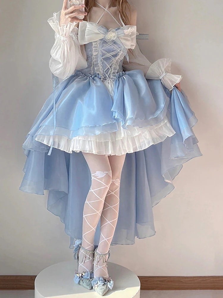 大好评 ワンピースエレガントなレディブルーの前が短く後ろが長い重工業テールプリンセス