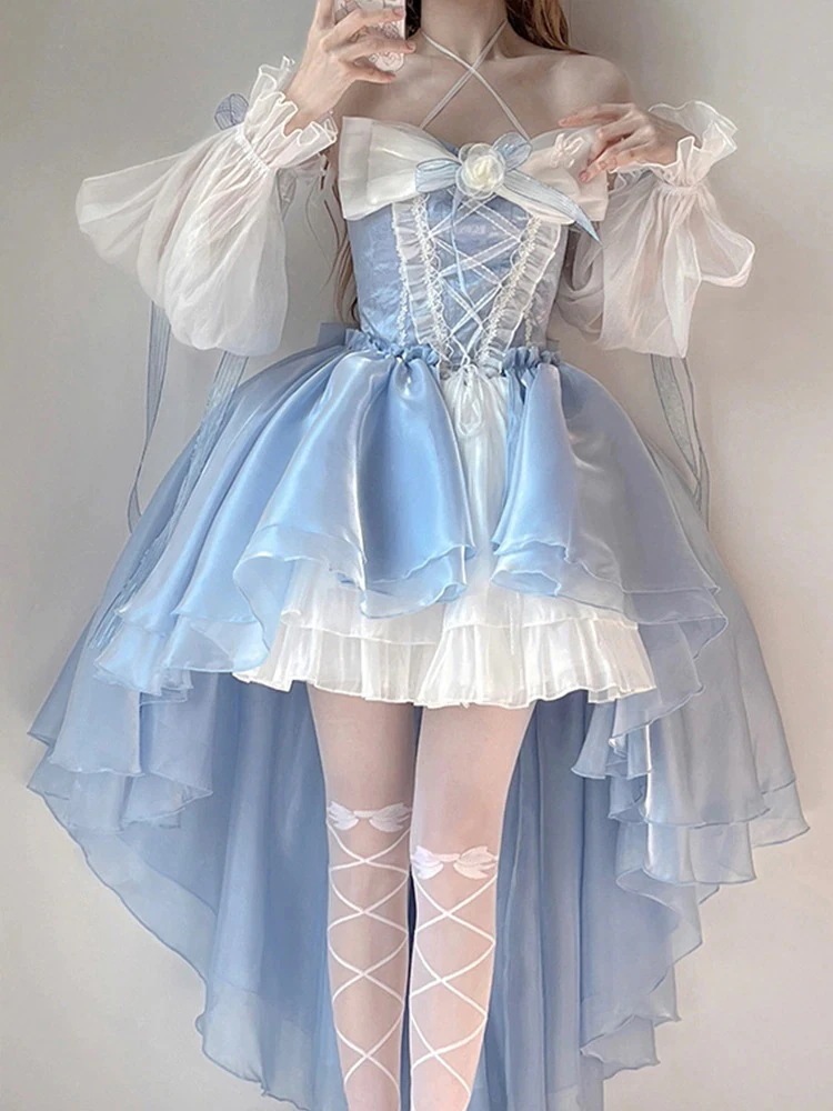 大好评 ワンピースエレガントなレディブルーの前が短く後ろが長い重工業テールプリンセス