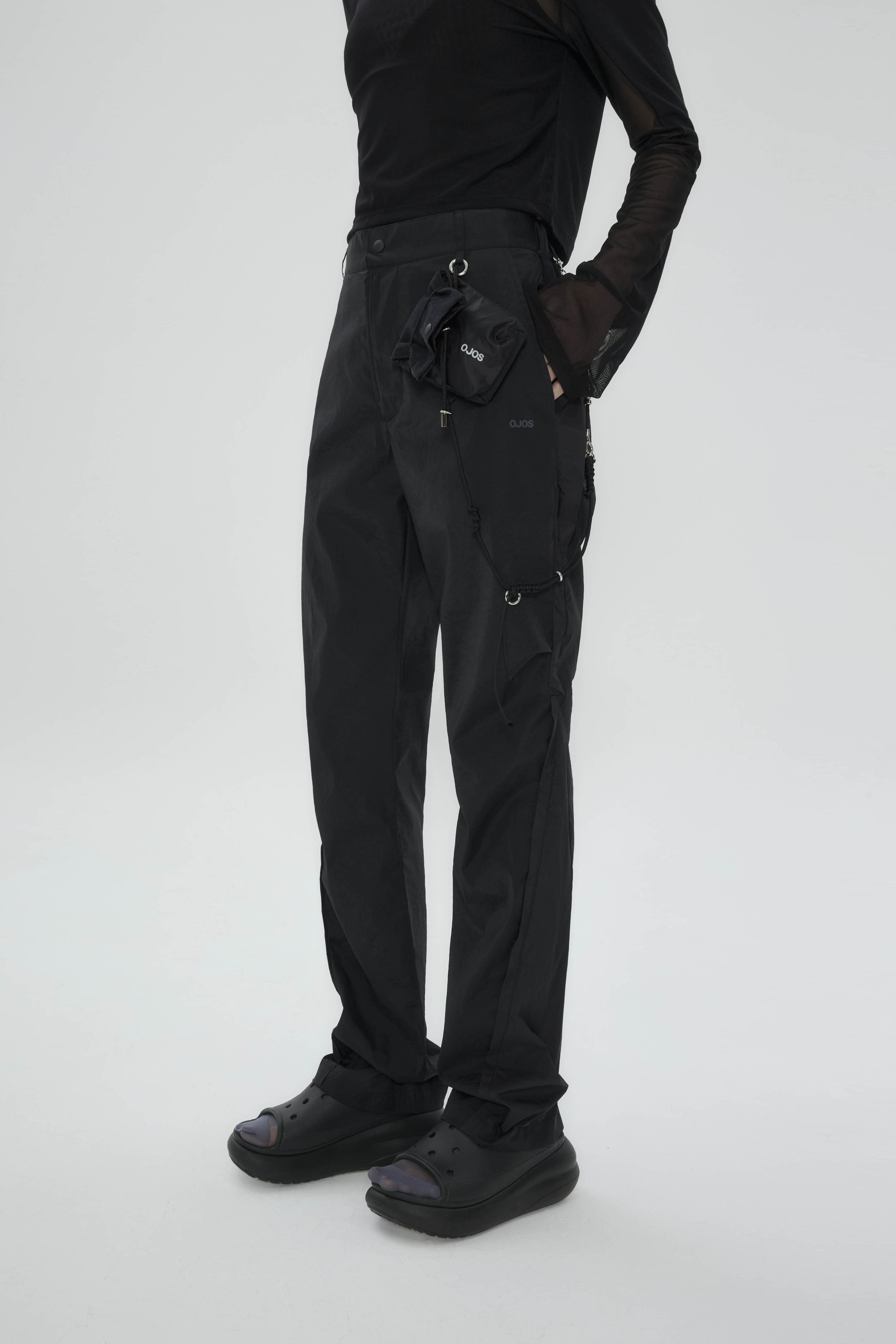【OJOS】24SS★ Mesh Parting Nylon Pants OJOS] Mesh Parting Nylon Pants - Black - VISUAL AID