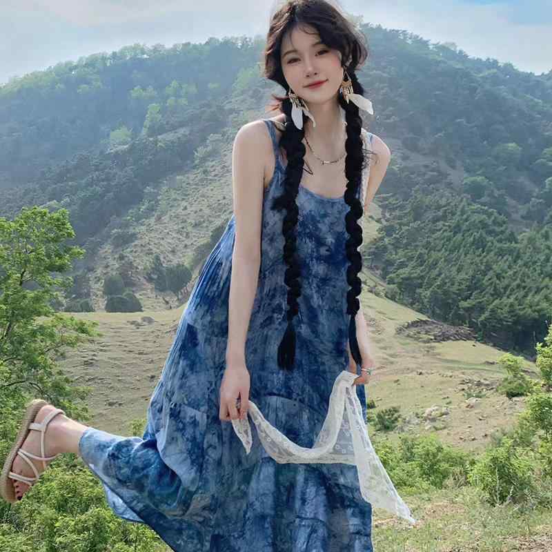 リゾート ワンピース レディース エスニック スカート 女性 エスニックタイ ダイ ノースリーブ サスペンダー ドレス 海辺 ビーチ スカート