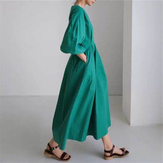 【取寄:納期2週間】ワンピース ロング丈 ランタンスリーブ ハイウエスト Vネック プルオーバー レディース 無地 【取寄:納期2週間】ワンピース ロング丈 ランタンスリーブ ハイウエスト Vネック プルオーバー レディース 無地