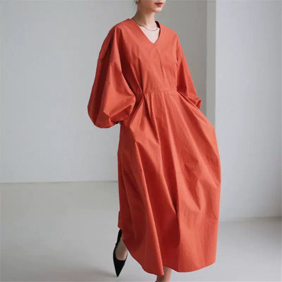 【取寄:納期2週間】ワンピース ロング丈 ランタンスリーブ ハイウエスト Vネック プルオーバー レディース 無地 【取寄:納期2週間】ワンピース ロング丈 ランタンスリーブ ハイウエスト Vネック プルオーバー レディース 無地