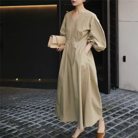 【取寄:納期2週間】ワンピース ロング丈 ランタンスリーブ ハイウエスト Vネック プルオーバー レディース 無地 【取寄:納期2週間】ワンピース ロング丈 ランタンスリーブ ハイウエスト Vネック プルオーバー レディース 無地