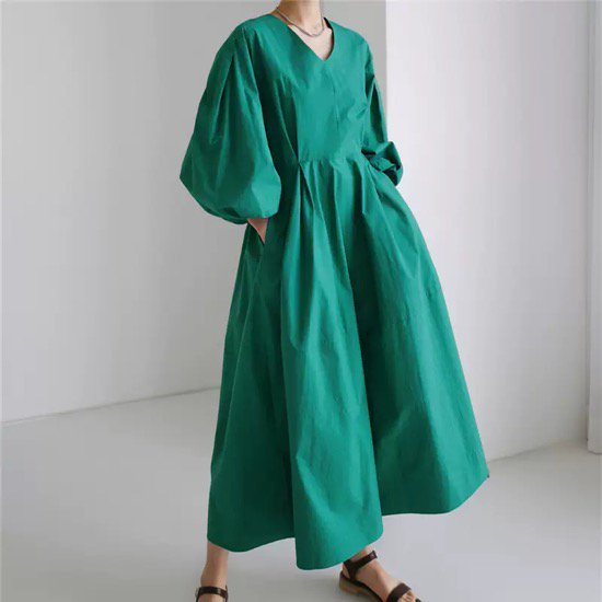 【取寄:納期2週間】ワンピース ロング丈 ランタンスリーブ ハイウエスト Vネック プルオーバー レディース 無地 【取寄:納期2週間】ワンピース ロング丈 ランタンスリーブ ハイウエスト Vネック プルオーバー レディース 無地