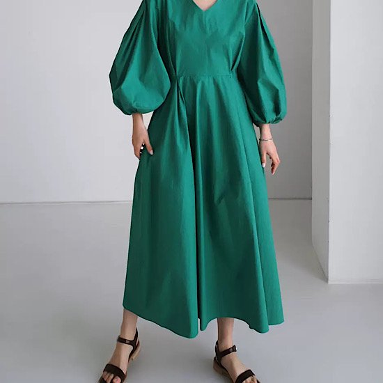 【取寄:納期2週間】ワンピース ロング丈 ランタンスリーブ ハイウエスト Vネック プルオーバー レディース 無地 【取寄:納期2週間】ワンピース ロング丈 ランタンスリーブ ハイウエスト Vネック プルオーバー レディース 無地