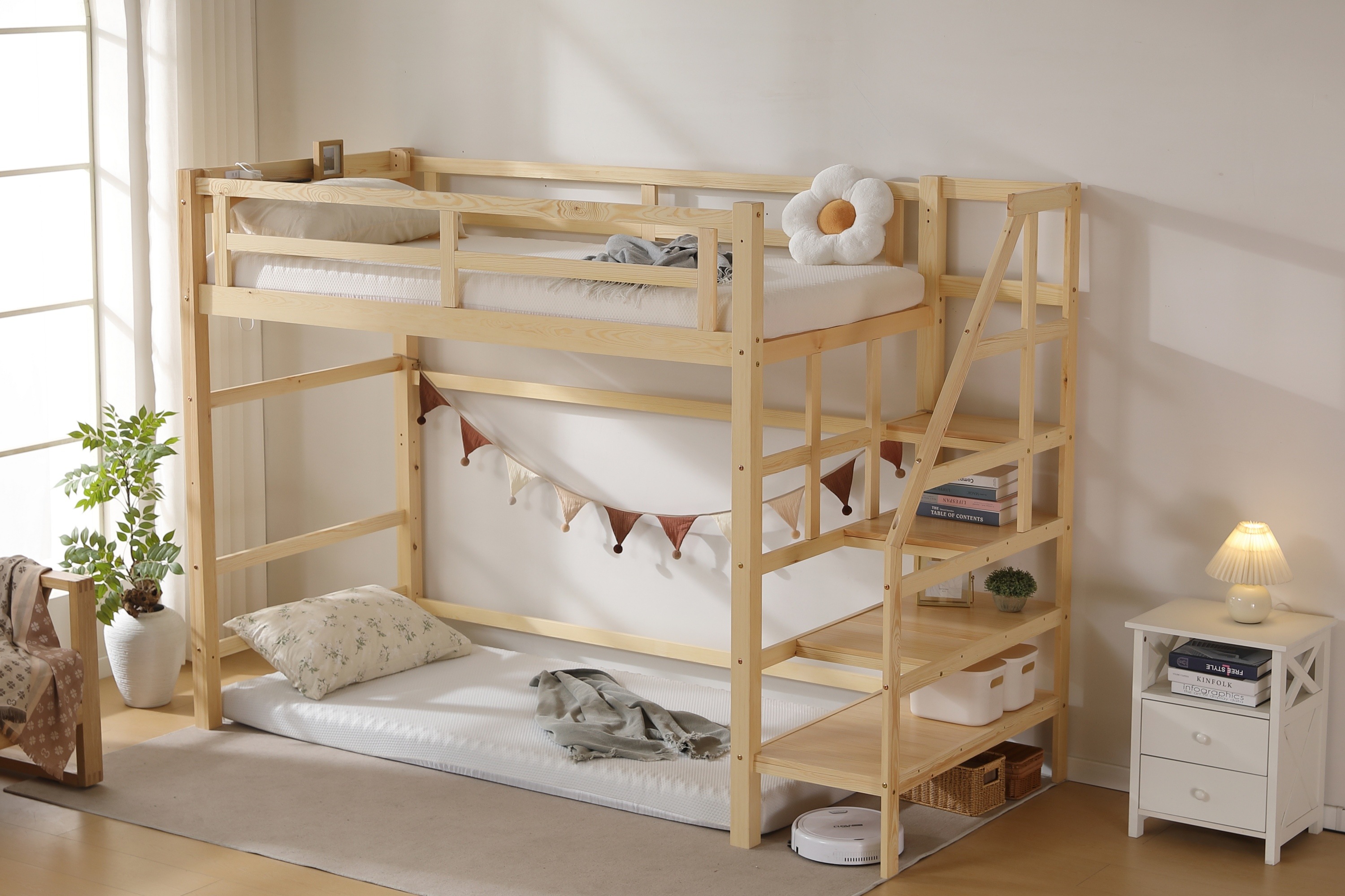 BTM ロフトベッド 階段付き 宮付き 収納棚付き シングル コンセント