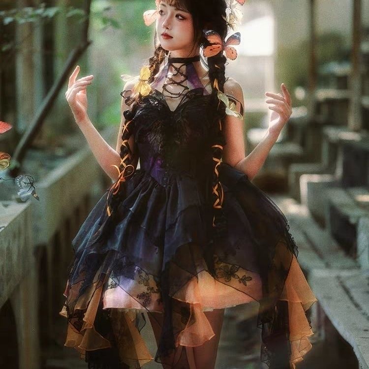 枯葉蝶ガーゼスカートロリータフルセットイレギュラーヘムロリータジスク秋ゴシックロリータドレス