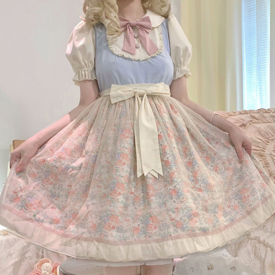 ハルスガ ロリータ ロリータドレス パストラル調 花柄クラ 上品可愛い 夏半袖op 女性