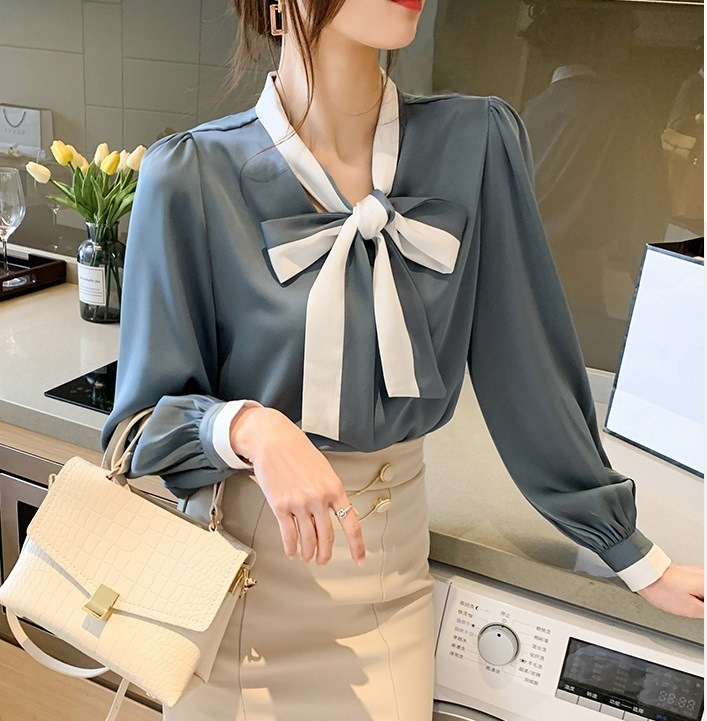 トップス シャツ プルオーバー 袖あり 長袖 ボリューム袖 Vネック リボン シフォン かわいい 大人可愛い きれいめ シンプル カジュアル 大人 上品 おしゃれ かっこいい 大人可愛い 大人女子
