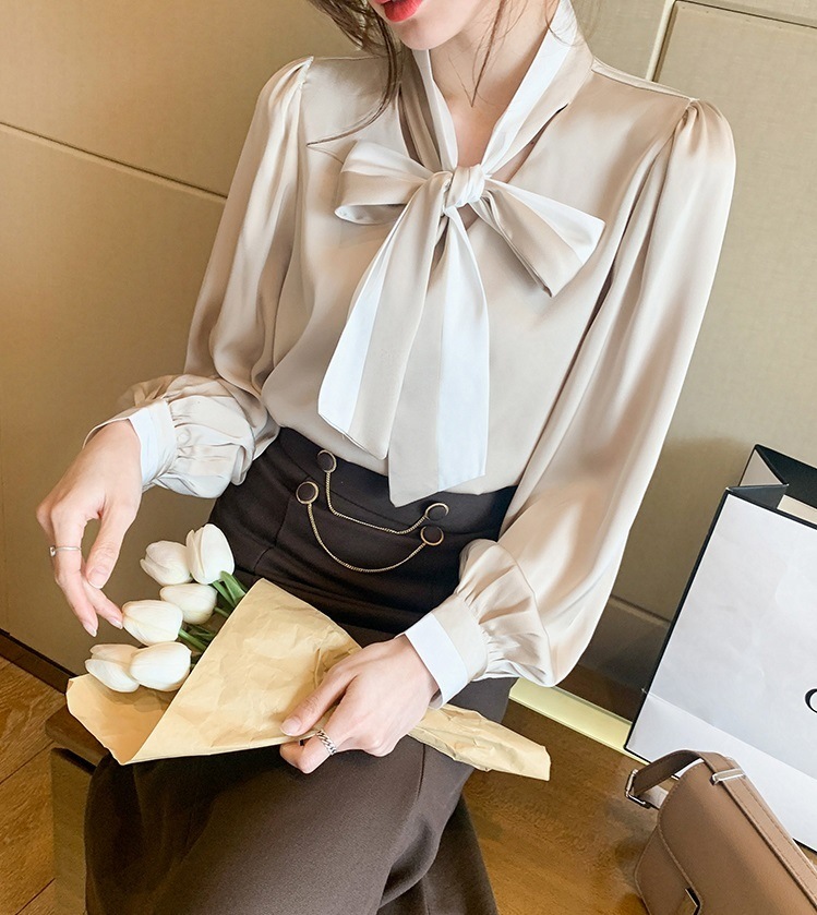 トップス シャツ プルオーバー 袖あり 長袖 ボリューム袖 Vネック リボン シフォン かわいい 大人可愛い きれいめ シンプル カジュアル 大人 上品 おしゃれ かっこいい 大人可愛い 大人女子