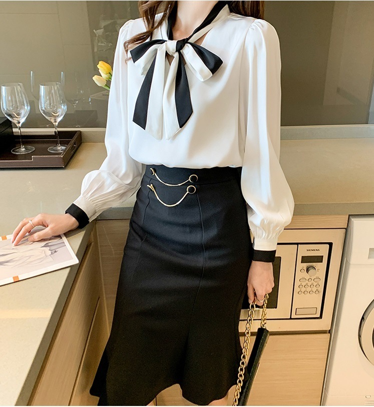 トップス シャツ プルオーバー 袖あり 長袖 ボリューム袖 Vネック リボン シフォン かわいい 大人可愛い きれいめ シンプル カジュアル 大人 上品 おしゃれ かっこいい 大人可愛い 大人女子
