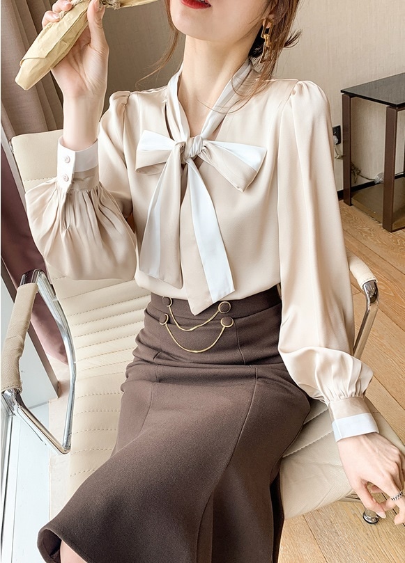 トップス シャツ プルオーバー 袖あり 長袖 ボリューム袖 Vネック リボン シフォン かわいい 大人可愛い きれいめ シンプル カジュアル 大人 上品 おしゃれ かっこいい 大人可愛い 大人女子